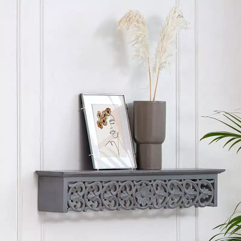 30" Decorative Carved Shelf Gray - Brewster: Bohemian Style, No Assembly, MDF Floating Wall Mounted