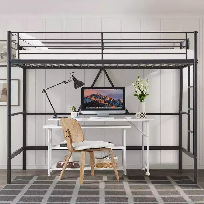 VECELO Twin Size Metal Loft Bed with Removable Ladder and Safety Guardrail