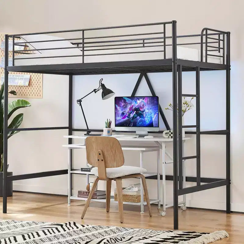 VECELO Twin Size Metal Loft Bed with Removable Ladder and Safety Guardrail