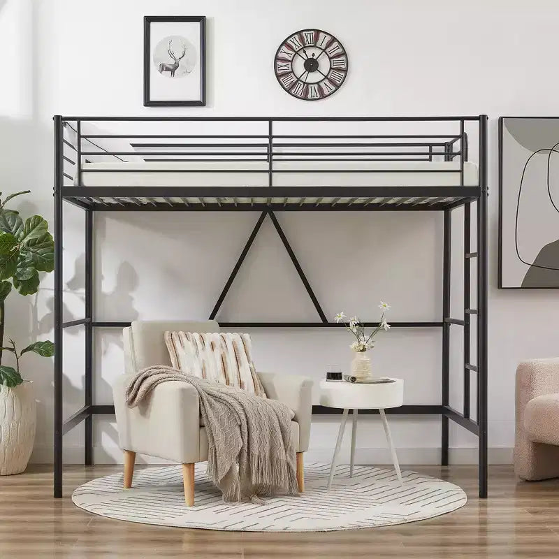 VECELO Twin Size Metal Loft Bed with Removable Ladder and Safety Guardrail