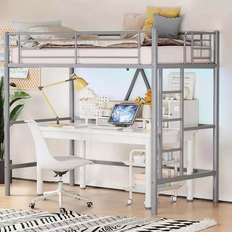 VECELO Twin Size Metal Loft Bed with Removable Ladder and Safety Guardrail