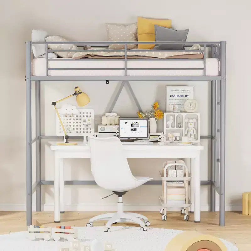VECELO Twin Size Metal Loft Bed with Removable Ladder and Safety Guardrail