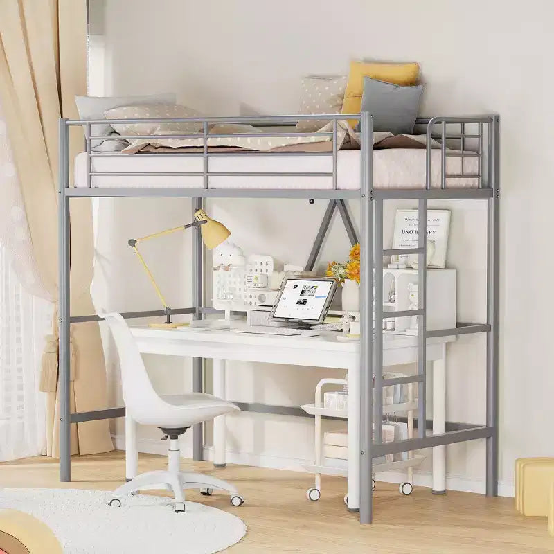VECELO Twin Size Metal Loft Bed with Removable Ladder and Safety Guardrail
