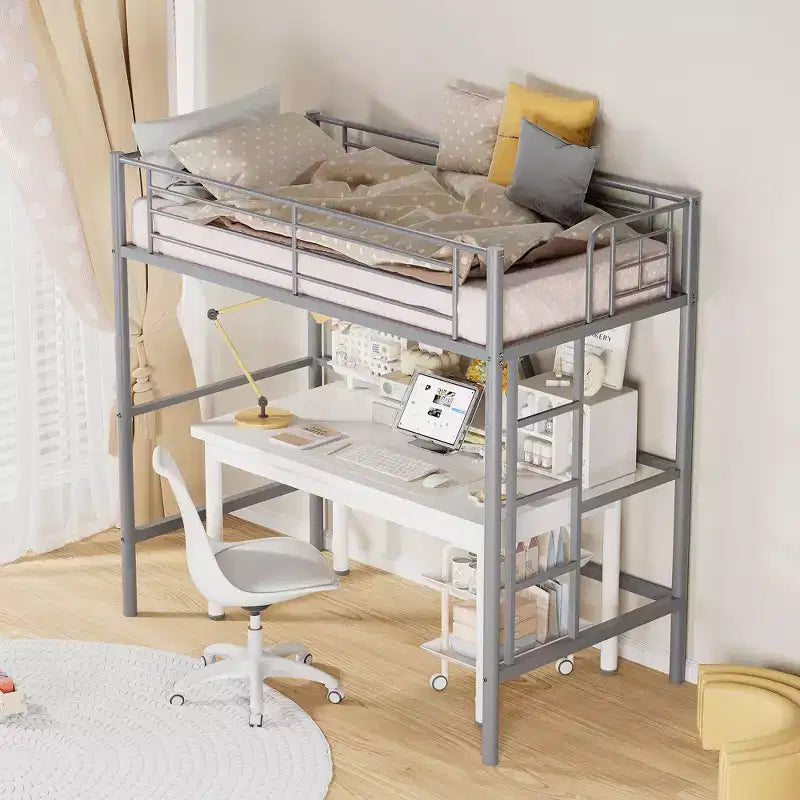VECELO Twin Size Metal Loft Bed with Removable Ladder and Safety Guardrail