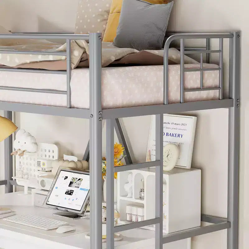 VECELO Twin Size Metal Loft Bed with Removable Ladder and Safety Guardrail