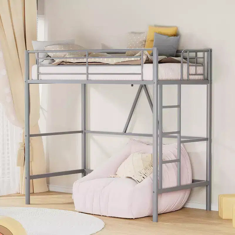 VECELO Twin Size Metal Loft Bed with Removable Ladder and Safety Guardrail
