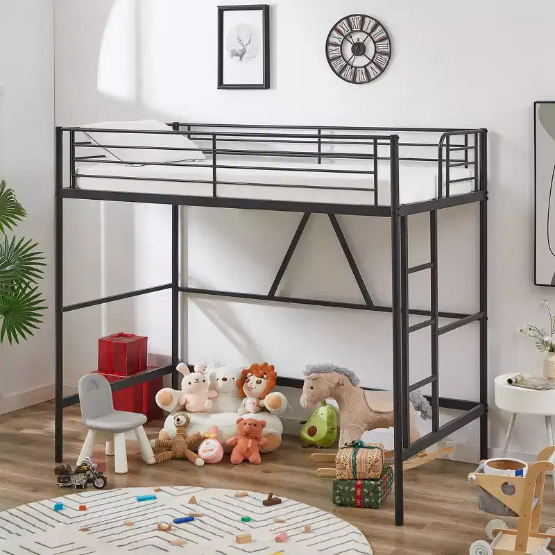 VECELO Twin Size Metal Loft Bed with Removable Ladder and Safety Guardrail