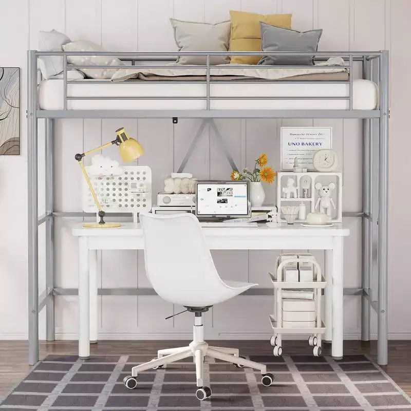 VECELO Twin Size Metal Loft Bed with Removable Ladder and Safety Guardrail