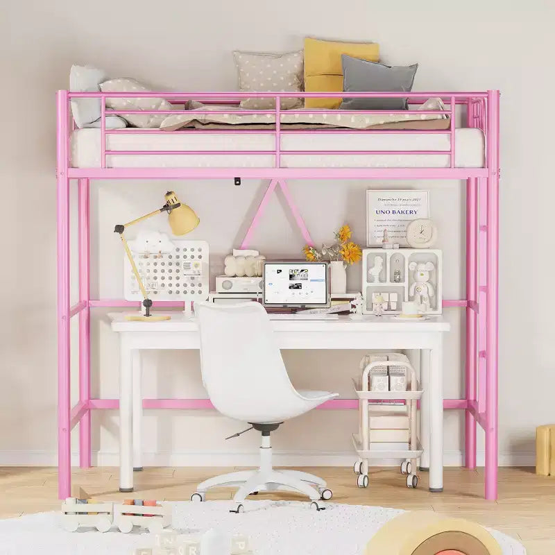 VECELO Twin Size Metal Loft Bed with Removable Ladder and Safety Guardrail