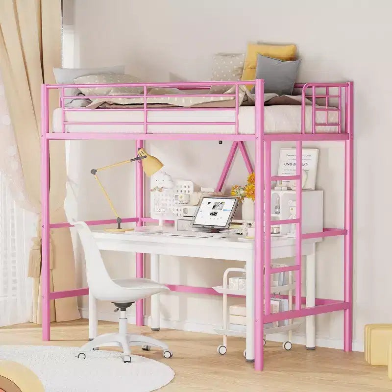 VECELO Twin Size Metal Loft Bed with Removable Ladder and Safety Guardrail