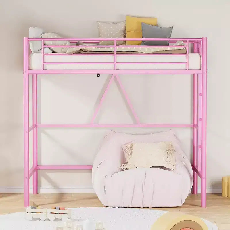 VECELO Twin Size Metal Loft Bed with Removable Ladder and Safety Guardrail