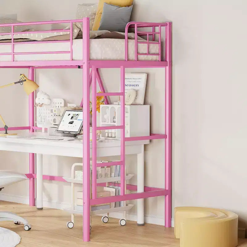 VECELO Twin Size Metal Loft Bed with Removable Ladder and Safety Guardrail