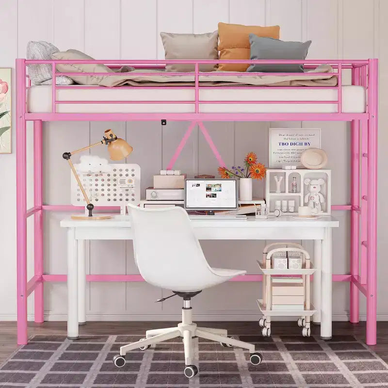 VECELO Twin Size Metal Loft Bed with Removable Ladder and Safety Guardrail