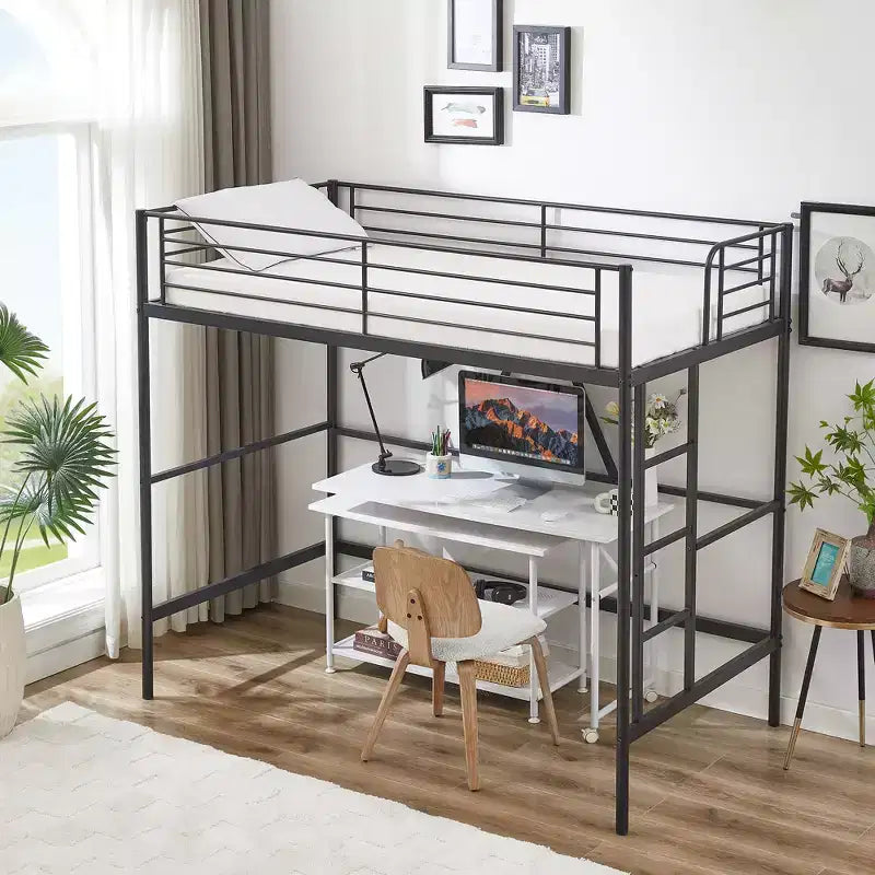 VECELO Twin Size Metal Loft Bed with Removable Ladder and Safety Guardrail