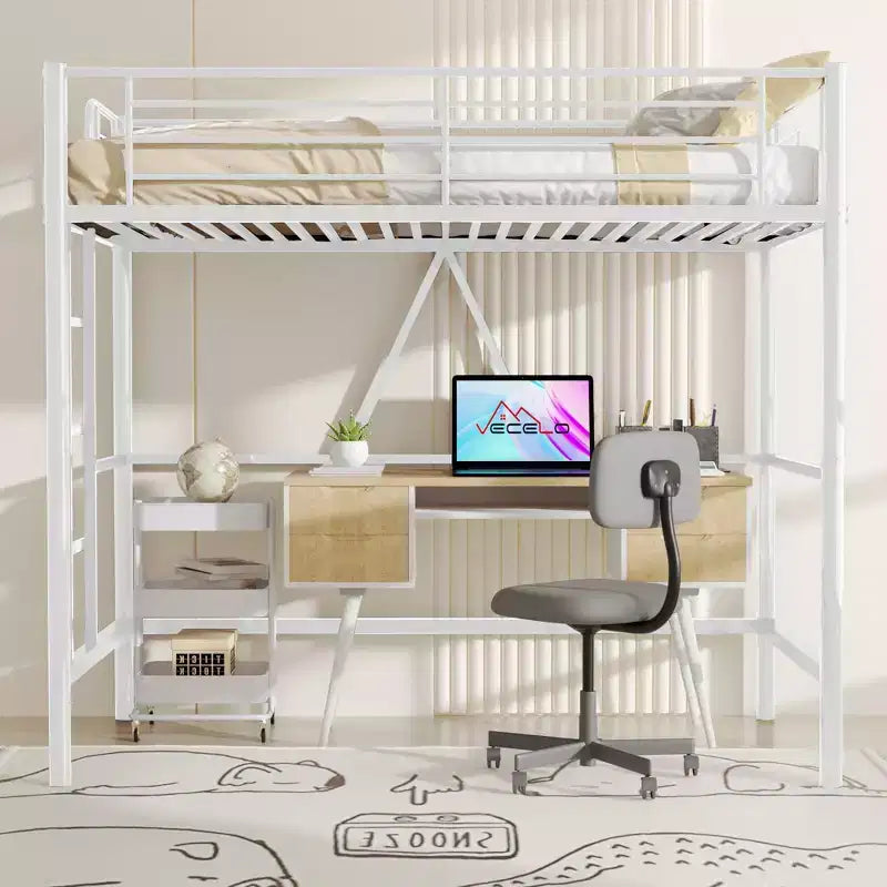 VECELO Twin Size Metal Loft Bed with Removable Ladder and Safety Guardrail