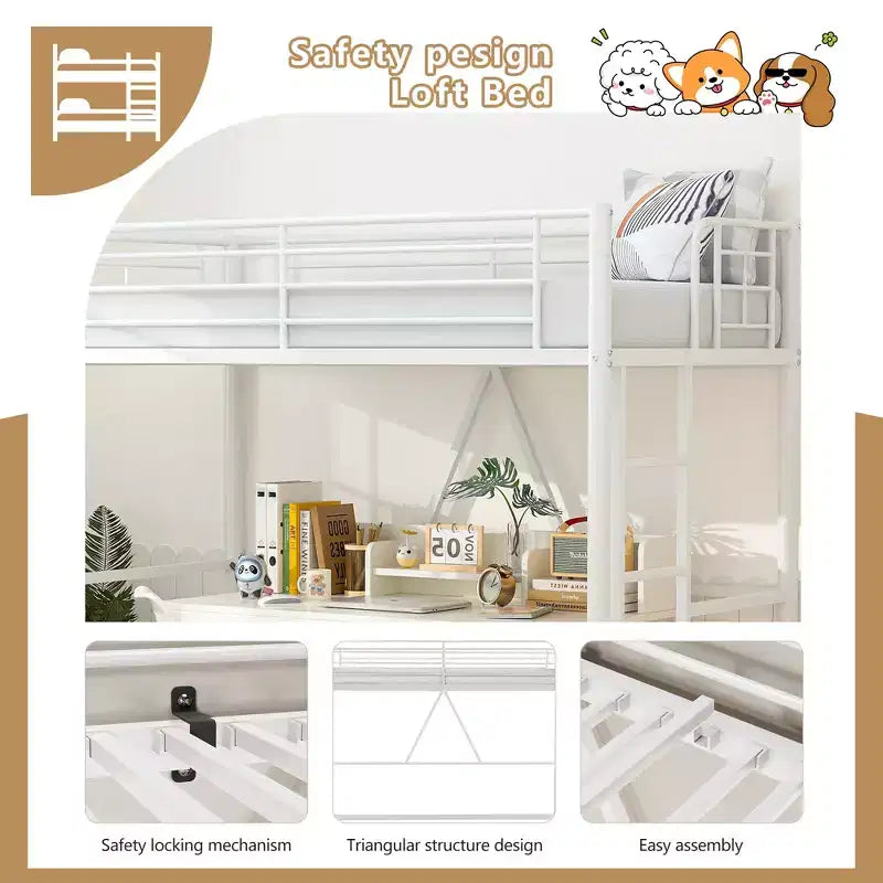 VECELO Twin Size Metal Loft Bed with Removable Ladder and Safety Guardrail