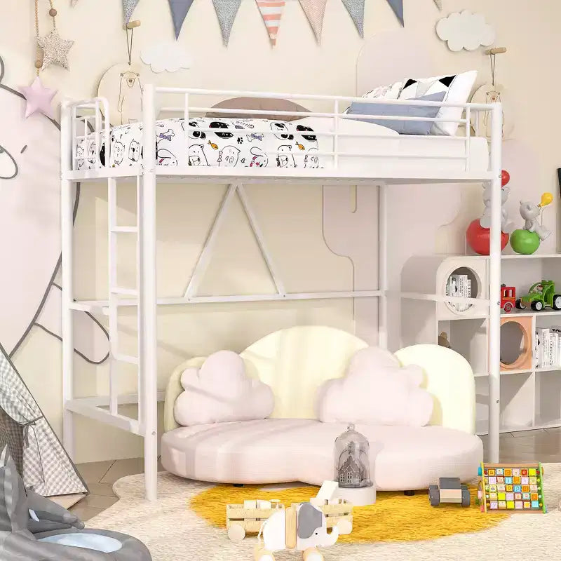 VECELO Twin Size Metal Loft Bed with Removable Ladder and Safety Guardrail