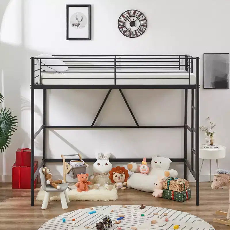 VECELO Twin Size Metal Loft Bed with Removable Ladder and Safety Guardrail