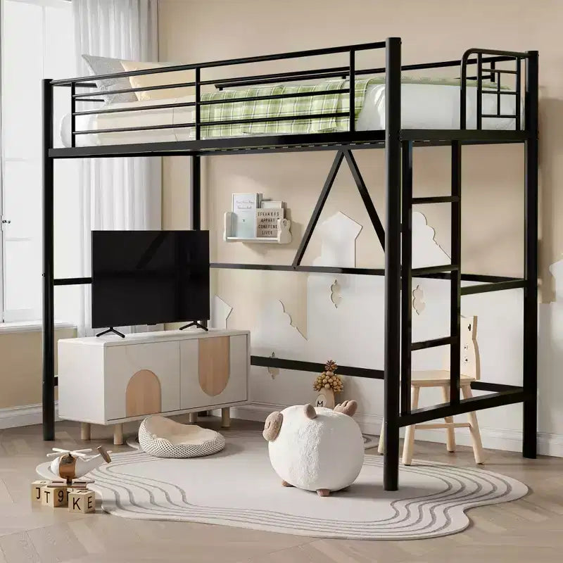 VECELO Twin Size Metal Loft Bed with Removable Ladder and Safety Guardrail