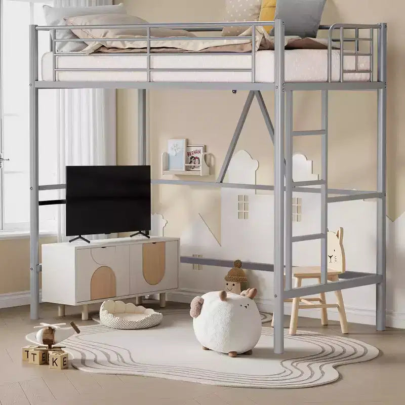 VECELO Twin Size Metal Loft Bed with Removable Ladder and Safety Guardrail