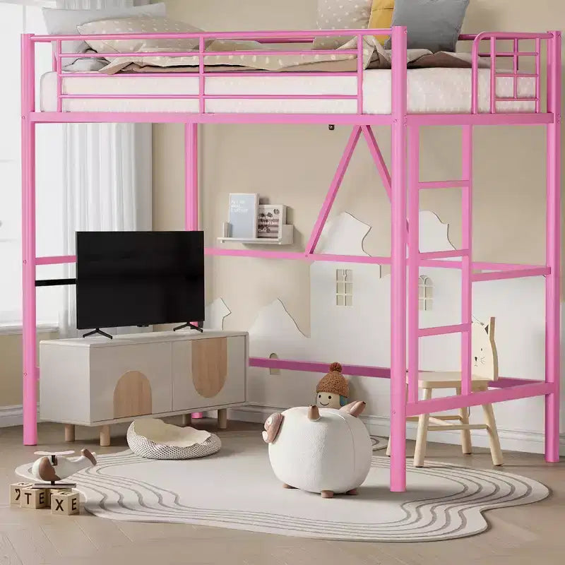 VECELO Twin Size Metal Loft Bed with Removable Ladder and Safety Guardrail