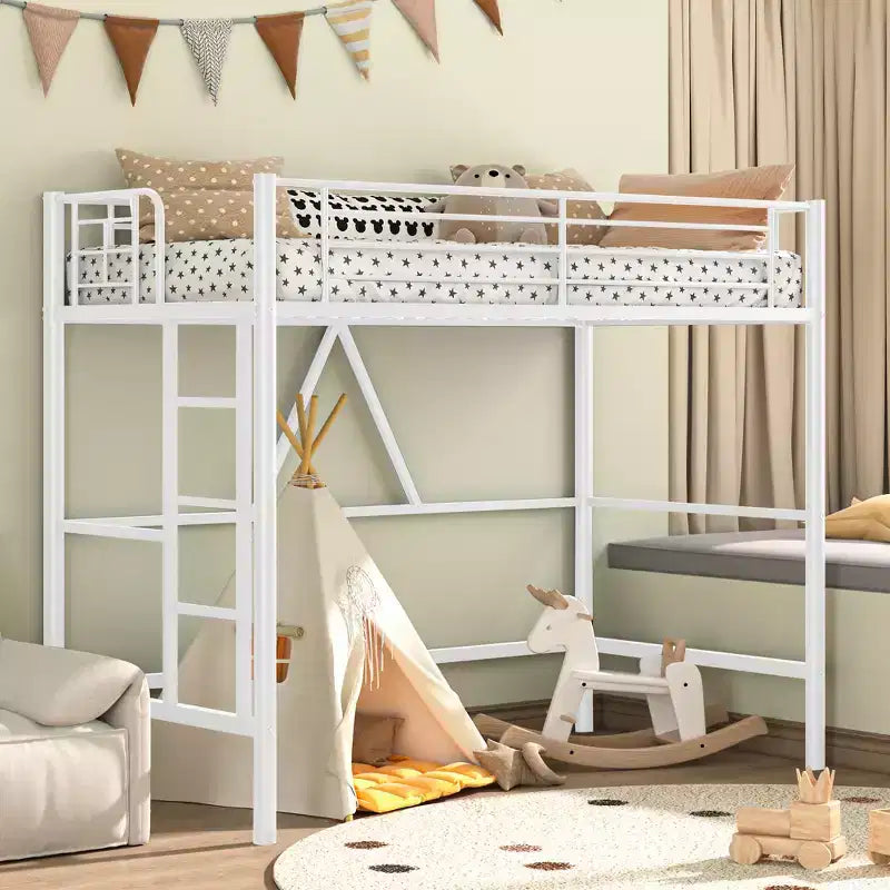 VECELO Twin Size Metal Loft Bed with Removable Ladder and Safety Guardrail