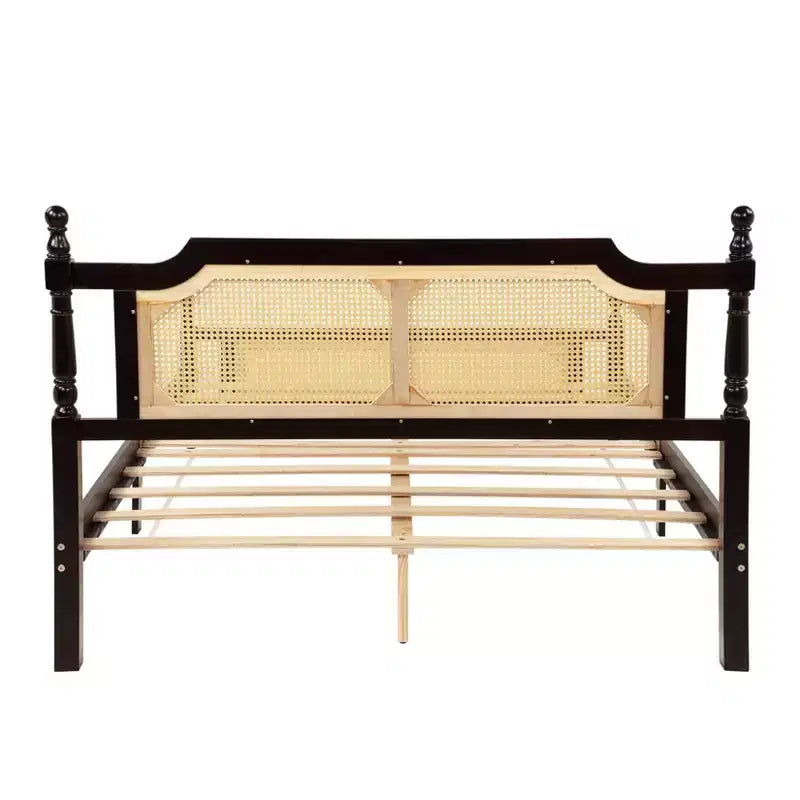 MAYEERTY Full Size Bed with Rattan Headboard, Two Storage Drawers, Rubber Wood Bed Brown
