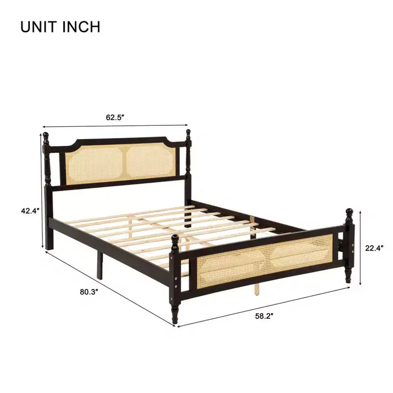 MAYEERTY Full Size Bed with Rattan Headboard, Two Storage Drawers, Rubber Wood Bed Brown