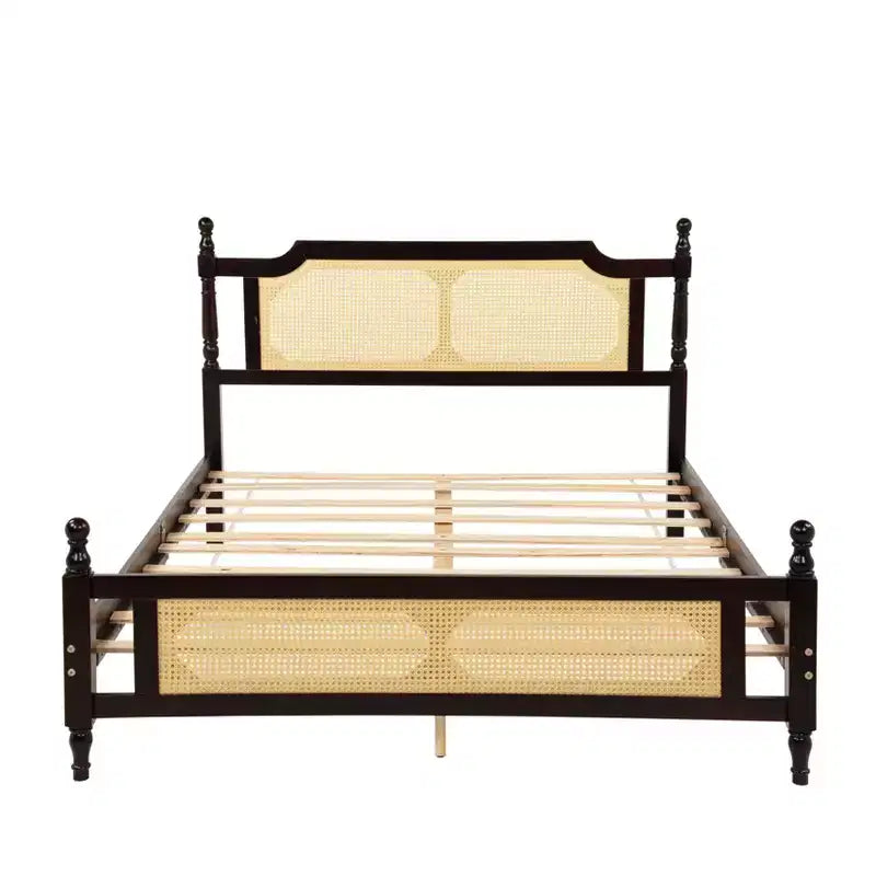 MAYEERTY Full Size Bed with Rattan Headboard, Two Storage Drawers, Rubber Wood Bed Brown