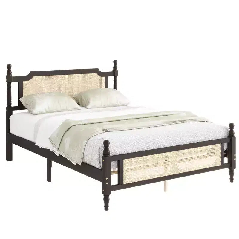 MAYEERTY Full Size Bed with Rattan Headboard, Two Storage Drawers, Rubber Wood Bed Brown