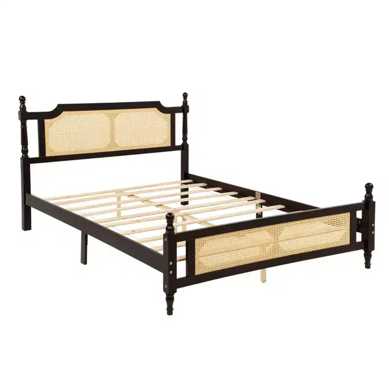 MAYEERTY Full Size Bed with Rattan Headboard, Two Storage Drawers, Rubber Wood Bed Brown
