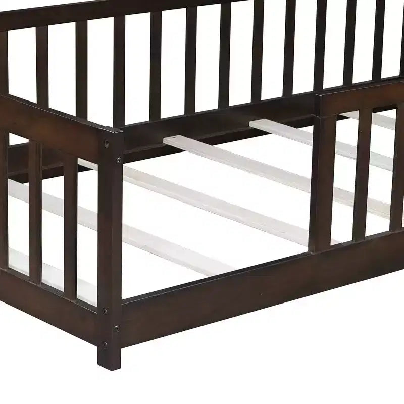 Whisen Twin Bed & Rubber Wood Floor Bed with Fence without Door, Multi - Functional Floor Bed for Kids' Sleep & Play