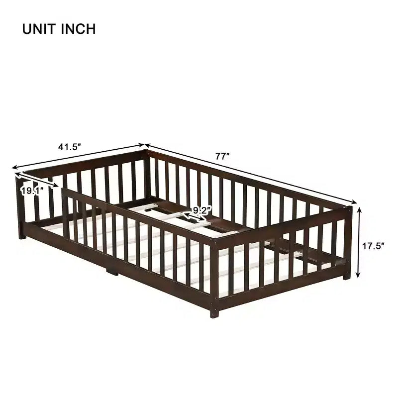Whisen Twin Bed & Rubber Wood Floor Bed with Fence without Door, Multi - Functional Floor Bed for Kids' Sleep & Play