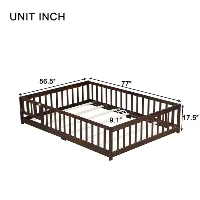 Whisen Twin Bed & Rubber Wood Floor Bed with Fence without Door, Multi - Functional Floor Bed for Kids' Sleep & Play