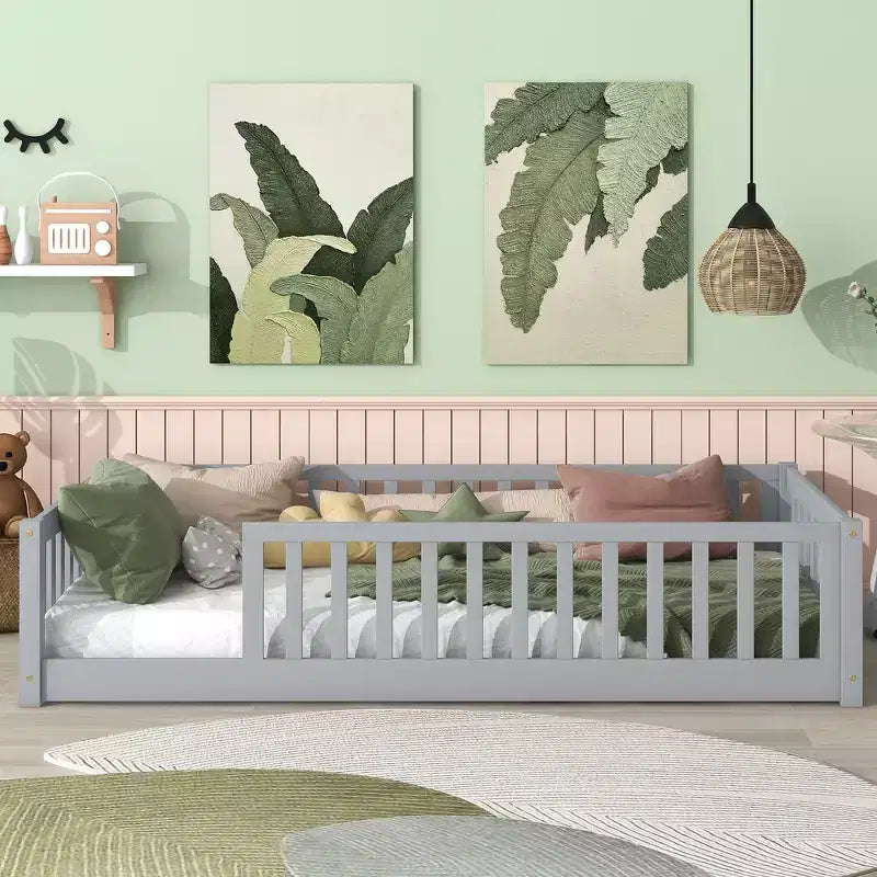 Whisen Twin Bed & Rubber Wood Floor Bed with Fence without Door, Multi - Functional Floor Bed for Kids' Sleep & Play