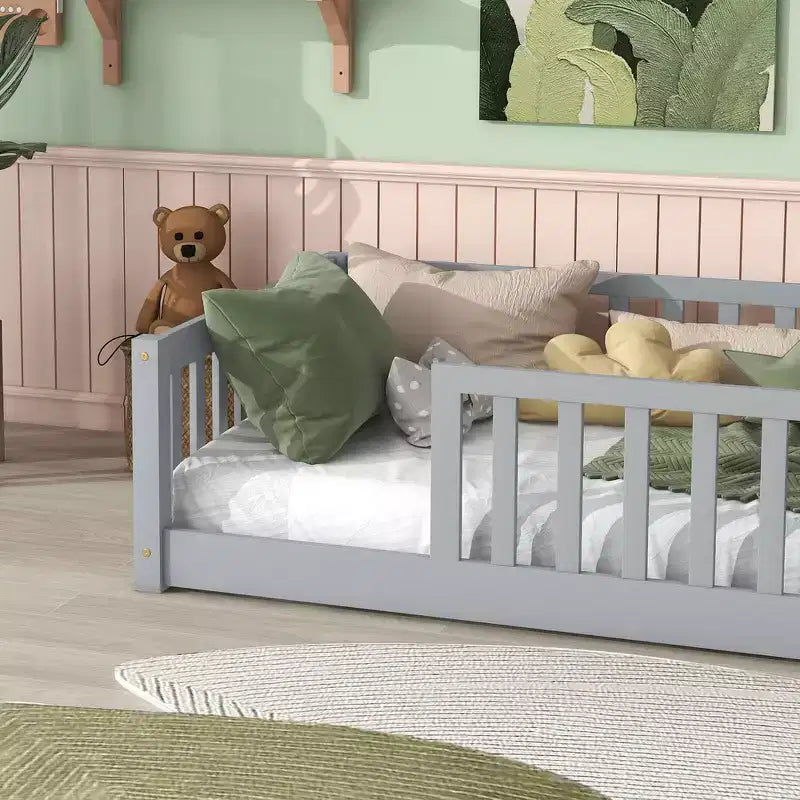 Whisen Twin Bed & Rubber Wood Floor Bed with Fence without Door, Multi - Functional Floor Bed for Kids' Sleep & Play