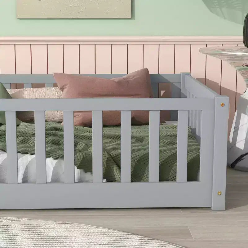 Whisen Twin Bed & Rubber Wood Floor Bed with Fence without Door, Multi - Functional Floor Bed for Kids' Sleep & Play
