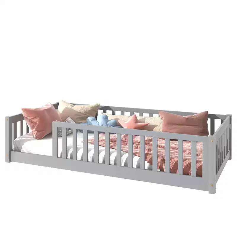 Whisen Twin Bed & Rubber Wood Floor Bed with Fence without Door, Multi - Functional Floor Bed for Kids' Sleep & Play