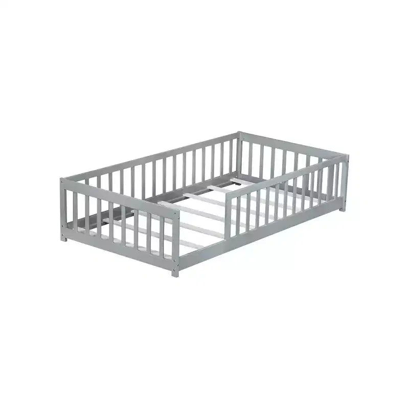 Whisen Twin Bed & Rubber Wood Floor Bed with Fence without Door, Multi - Functional Floor Bed for Kids' Sleep & Play