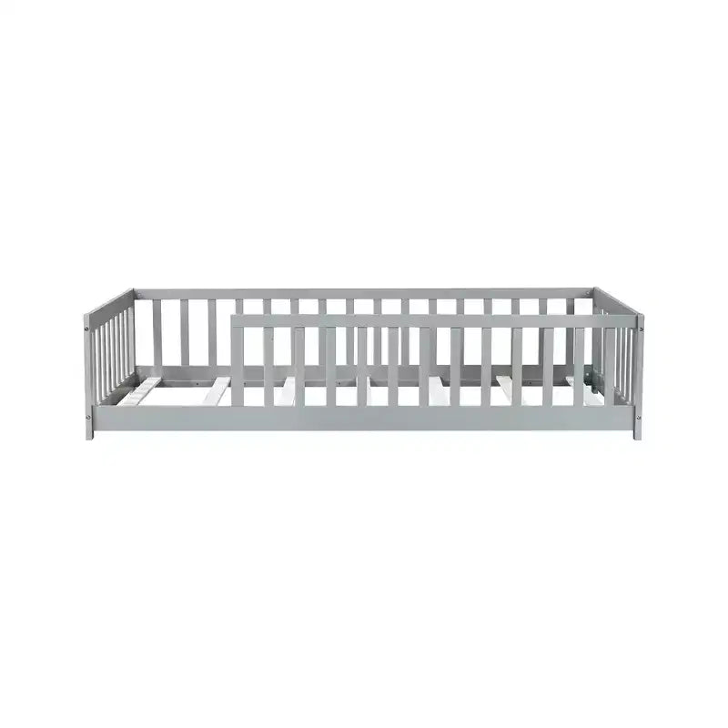 Whisen Twin Bed & Rubber Wood Floor Bed with Fence without Door, Multi - Functional Floor Bed for Kids' Sleep & Play