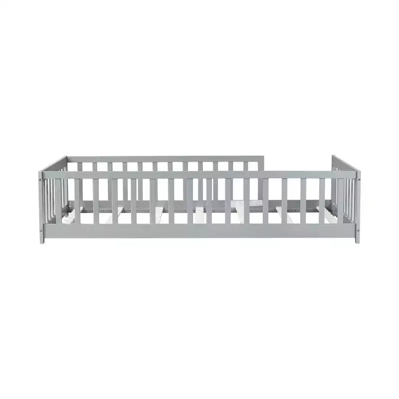 Whisen Twin Bed & Rubber Wood Floor Bed with Fence without Door, Multi - Functional Floor Bed for Kids' Sleep & Play