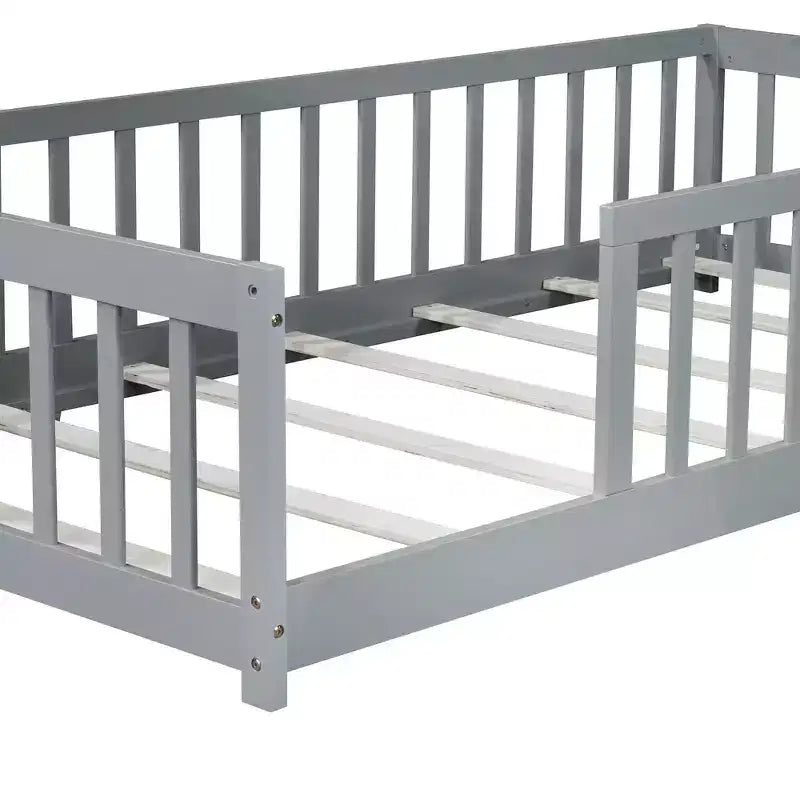 Whisen Twin Bed & Rubber Wood Floor Bed with Fence without Door, Multi - Functional Floor Bed for Kids' Sleep & Play