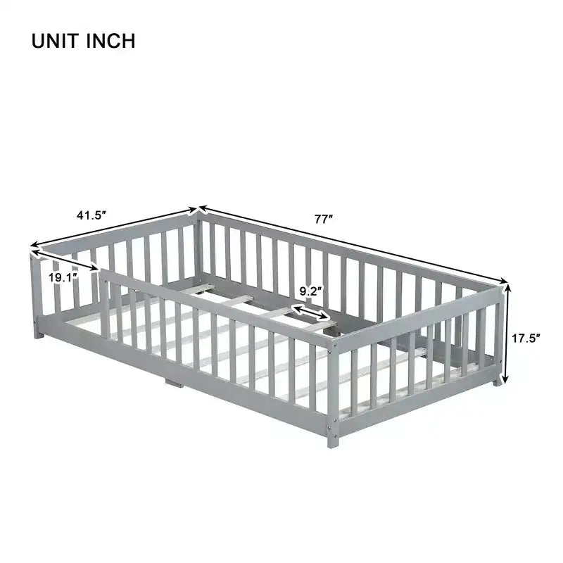 Whisen Twin Bed & Rubber Wood Floor Bed with Fence without Door, Multi - Functional Floor Bed for Kids' Sleep & Play