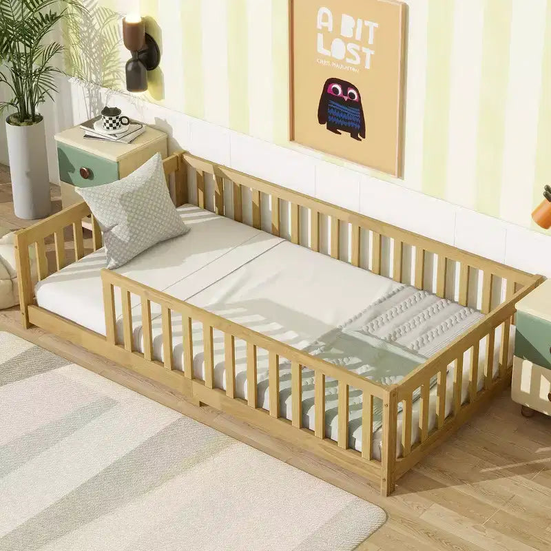 Whisen Twin Bed & Rubber Wood Floor Bed with Fence without Door, Multi - Functional Floor Bed for Kids' Sleep & Play