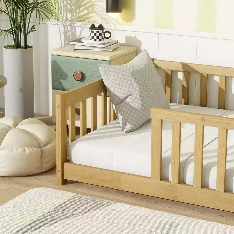 Whisen Twin Bed & Rubber Wood Floor Bed with Fence without Door, Multi - Functional Floor Bed for Kids' Sleep & Play