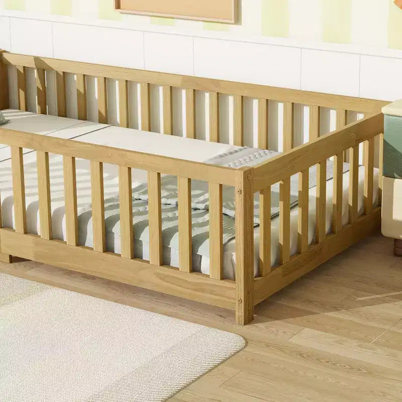 Whisen Twin Bed & Rubber Wood Floor Bed with Fence without Door, Multi - Functional Floor Bed for Kids' Sleep & Play