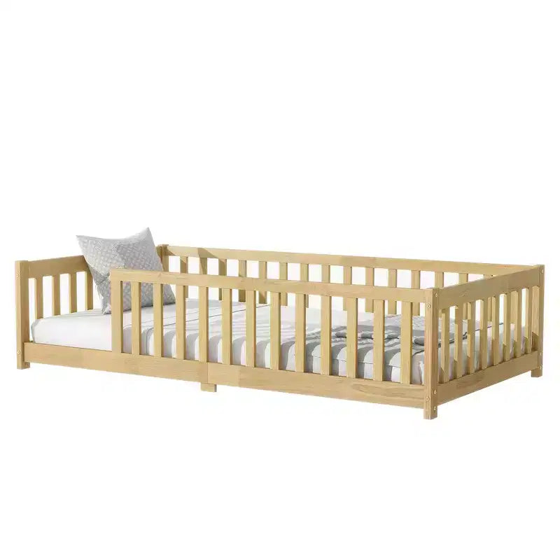 Whisen Twin Bed & Rubber Wood Floor Bed with Fence without Door, Multi - Functional Floor Bed for Kids' Sleep & Play
