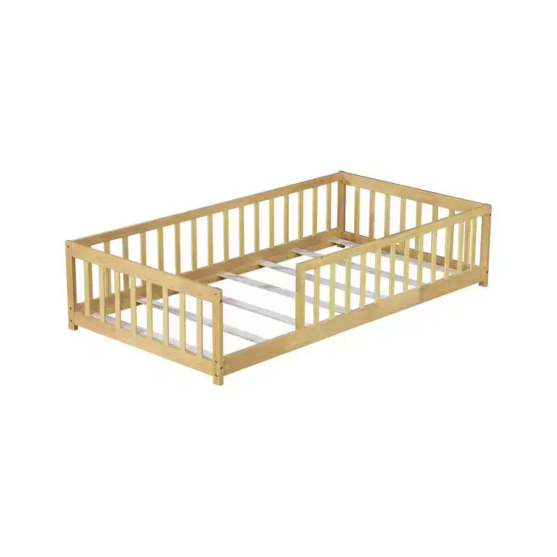 Whisen Twin Bed & Rubber Wood Floor Bed with Fence without Door, Multi - Functional Floor Bed for Kids' Sleep & Play