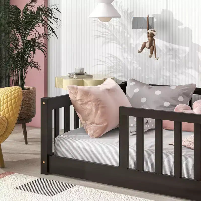 Whisen Twin Bed & Rubber Wood Floor Bed with Fence without Door, Multi - Functional Floor Bed for Kids' Sleep & Play