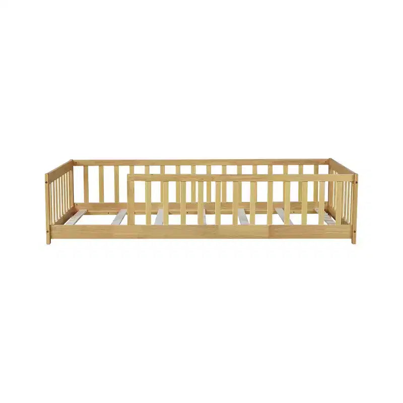 Whisen Twin Bed & Rubber Wood Floor Bed with Fence without Door, Multi - Functional Floor Bed for Kids' Sleep & Play